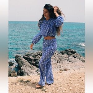 Zara Blue Printed Cotton Pants